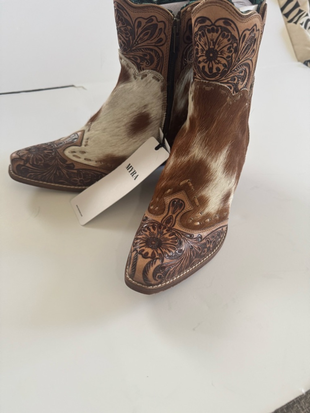 Myra Bag Brown & White Cowhide Tooled Leather Ankle Boots 8 - Picture 5 of 11